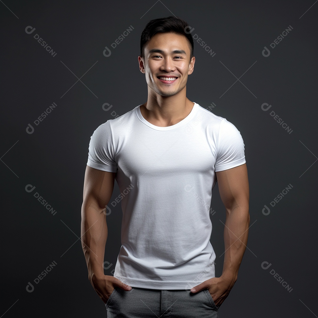 Jovem construtor de corpo masculino usa camiseta branca