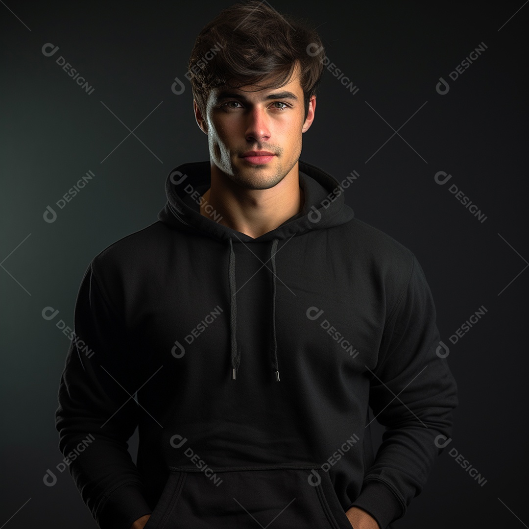 Jovem modelo masculino moletom preto com fundo cinza interno
