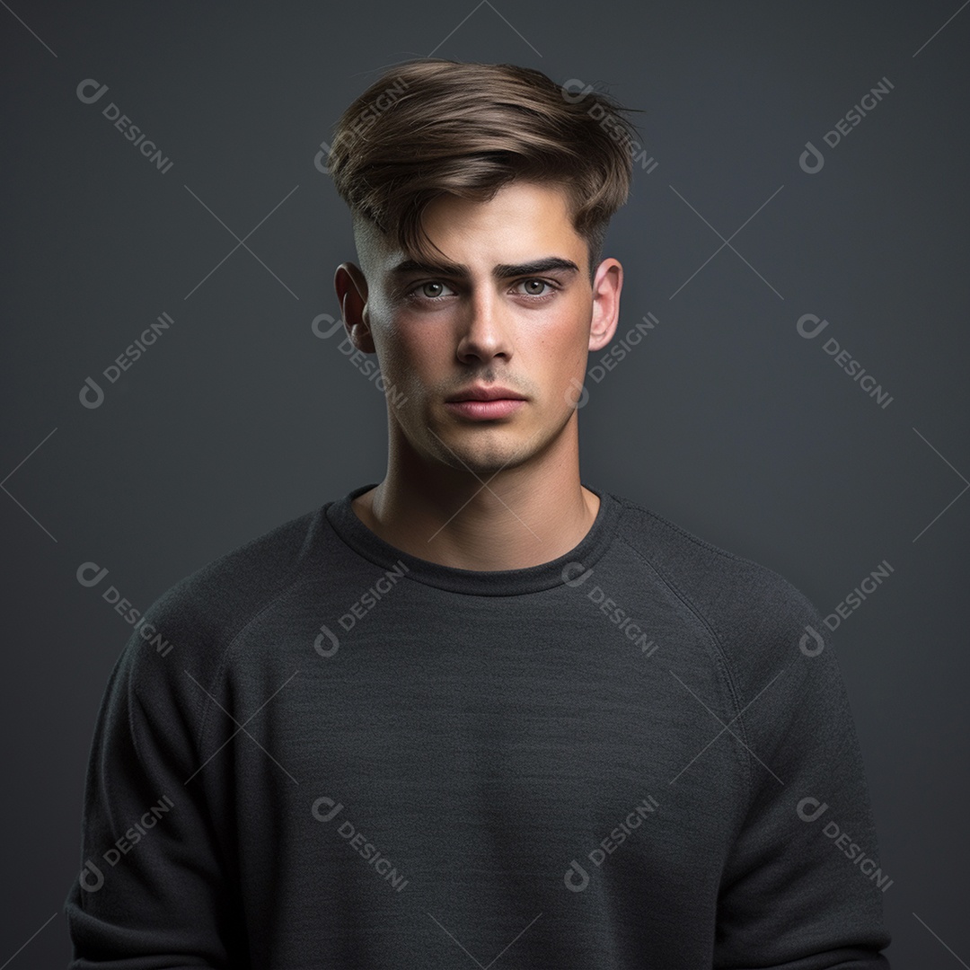 Jovem modelo masculino moletom preto com fundo cinza interno