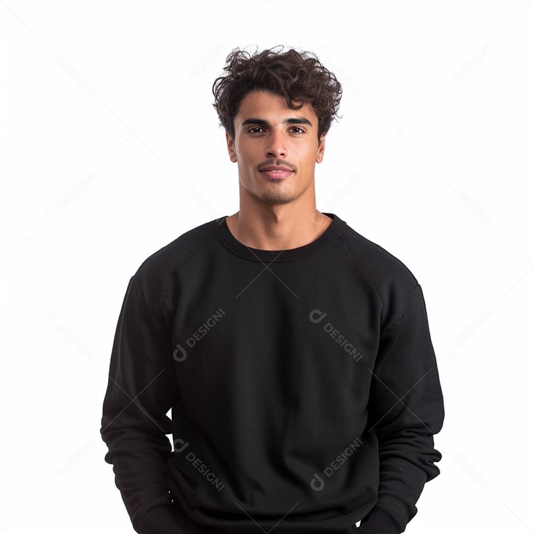 Jovem modelo masculino moletom preto com fundo cinza interno