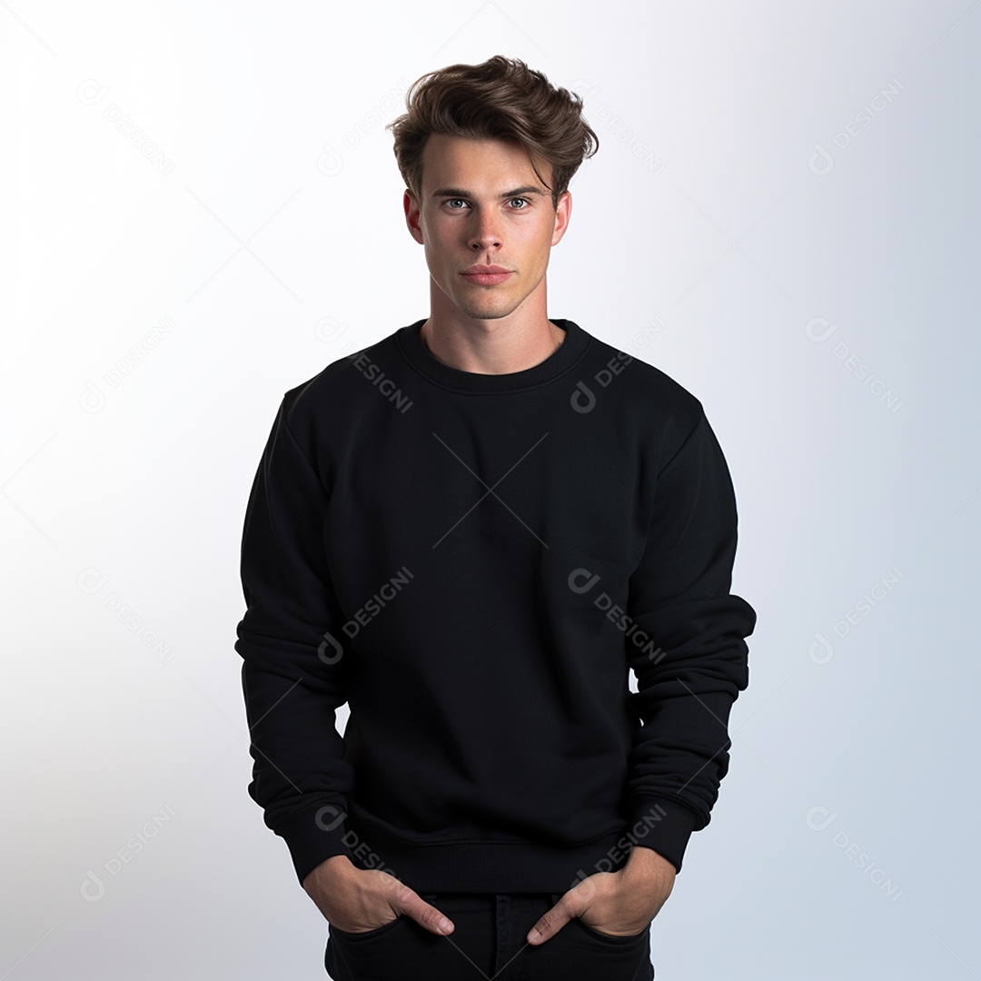 Jovem modelo masculino moletom preto com fundo cinza interno