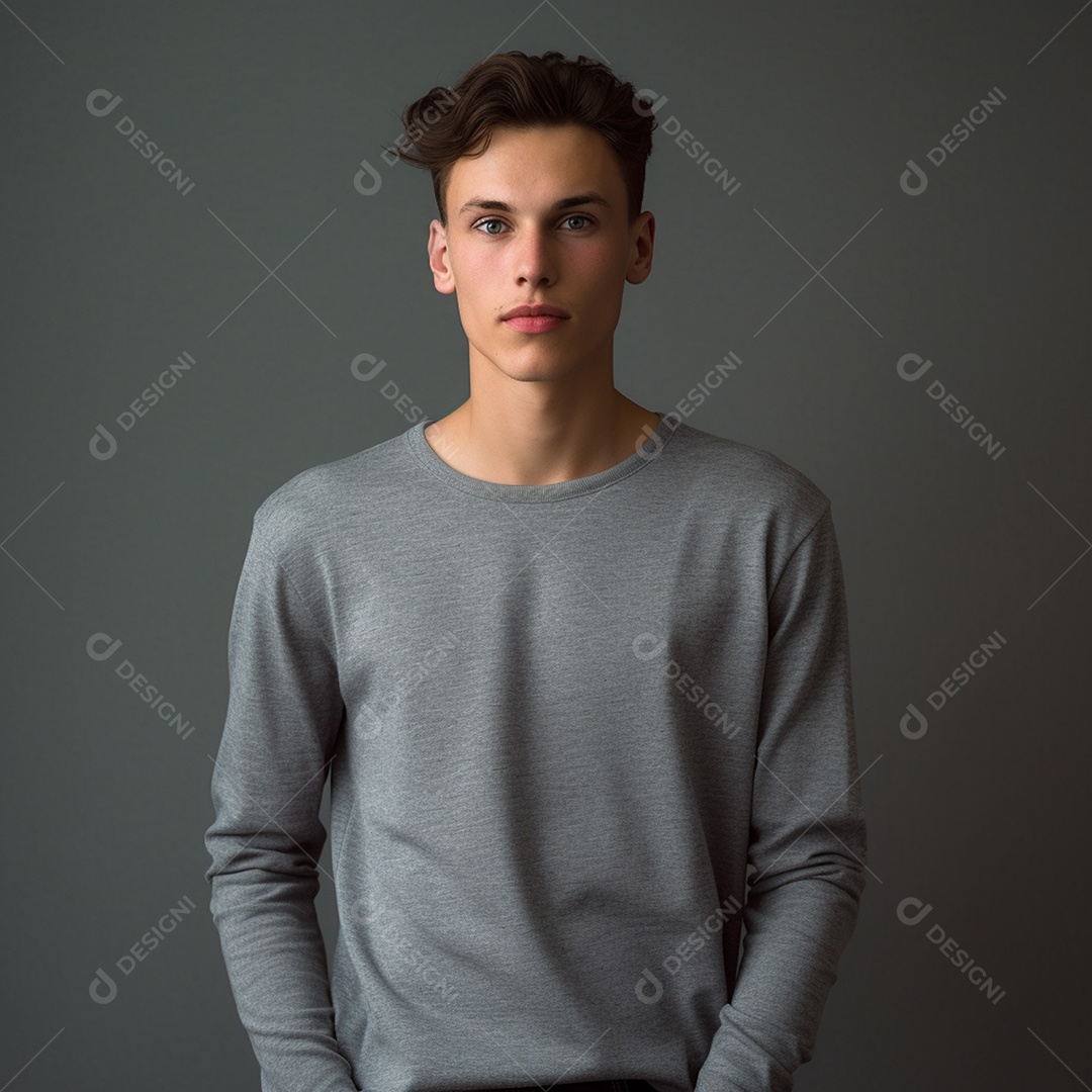 Jovem modelo masculino moletom preto com fundo cinza interno