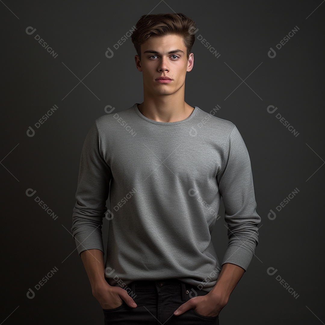 Jovem modelo masculino moletom preto com fundo cinza interno