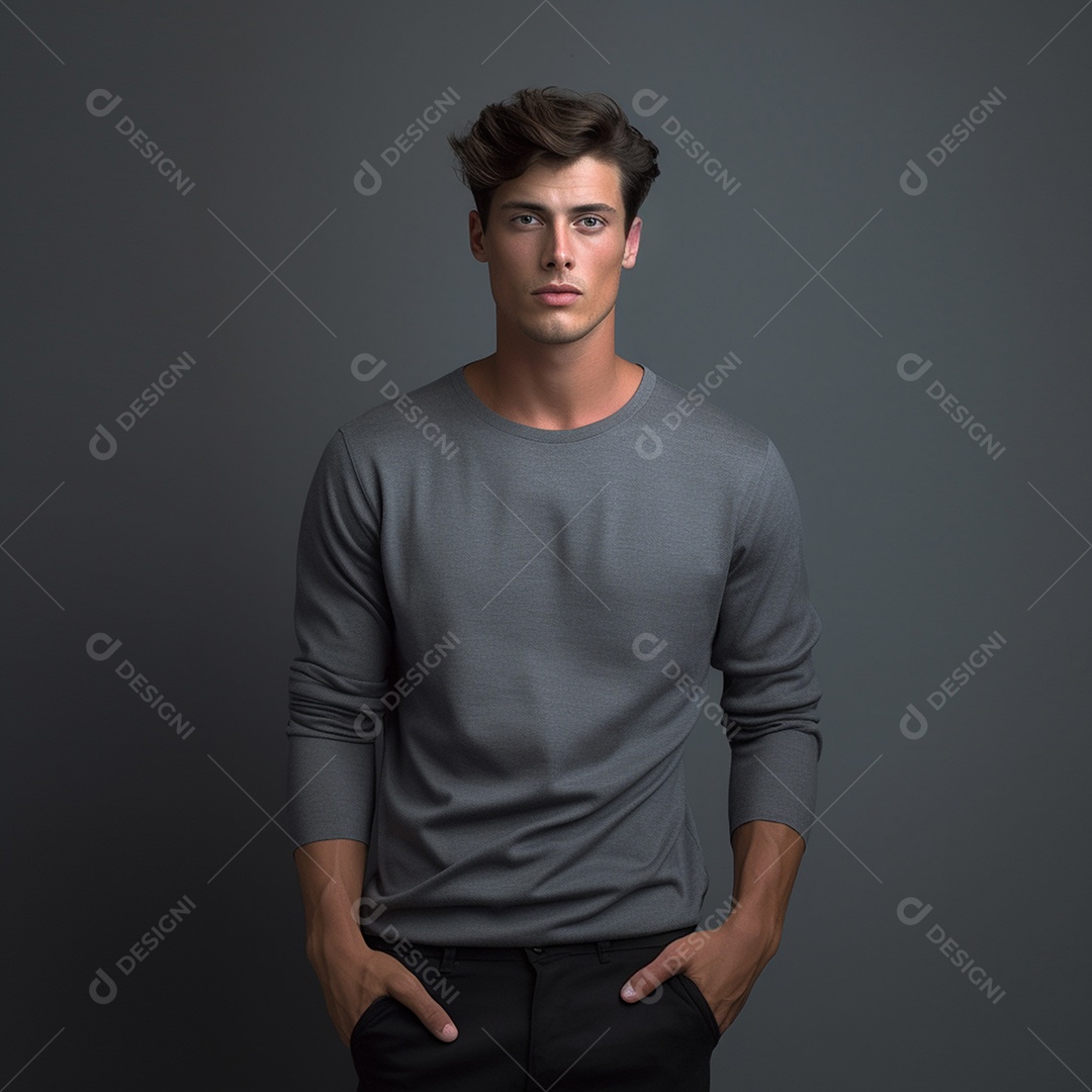 Jovem modelo masculino moletom preto com fundo cinza interno