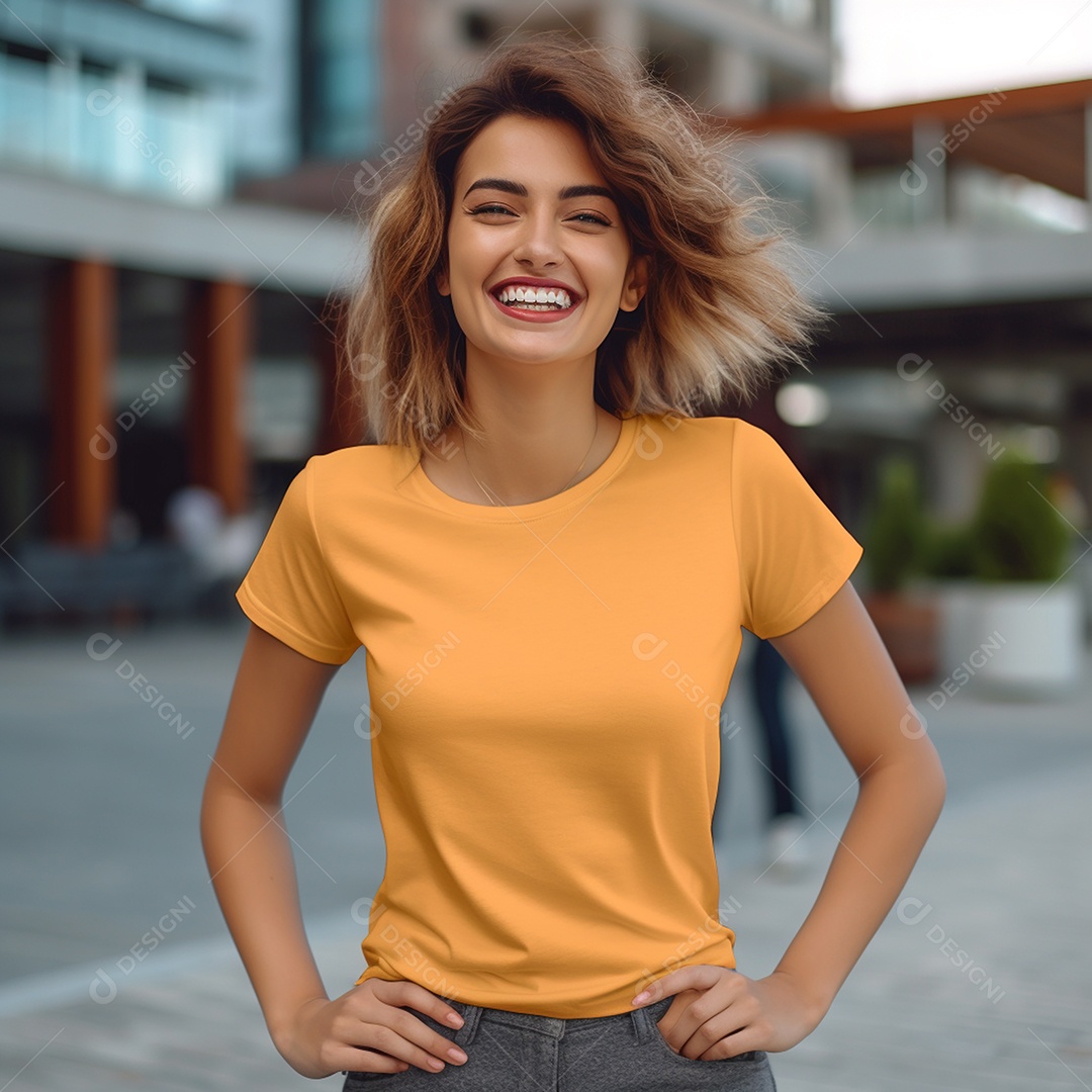 Uma maquete de camiseta lisa, mulheres sorrindo com fotografia ao ar livre