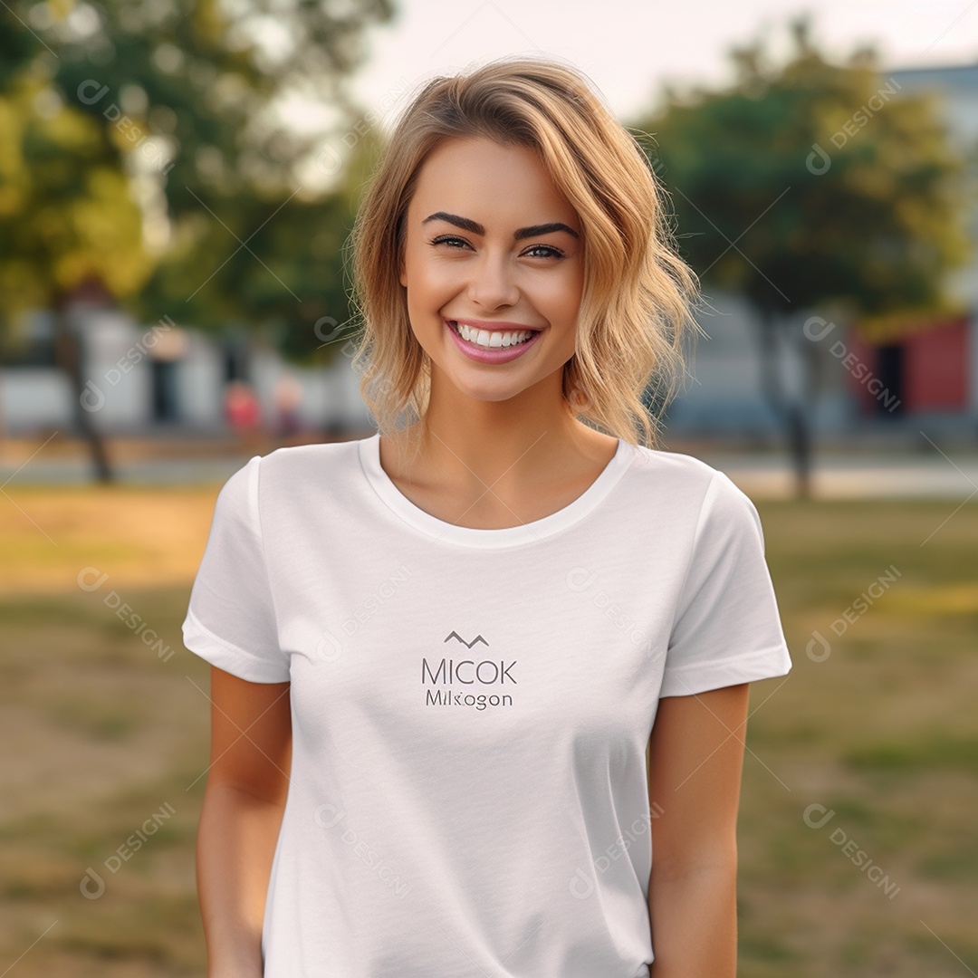 Uma maquete de camiseta lisa, mulheres sorrindo com fotografia ao ar livre