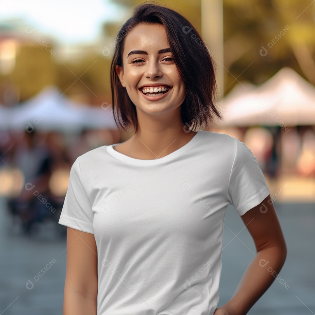 Uma maquete de camiseta lisa, mulheres sorrindo com fotografia ao ar livre