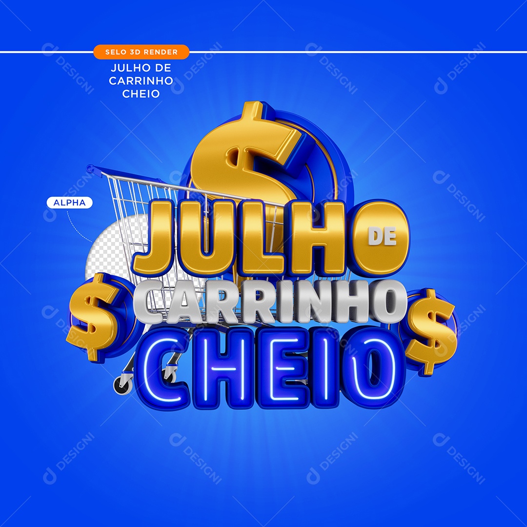 Selo 3D Julho De Carrinho Cheio Azul Para Composição PSD