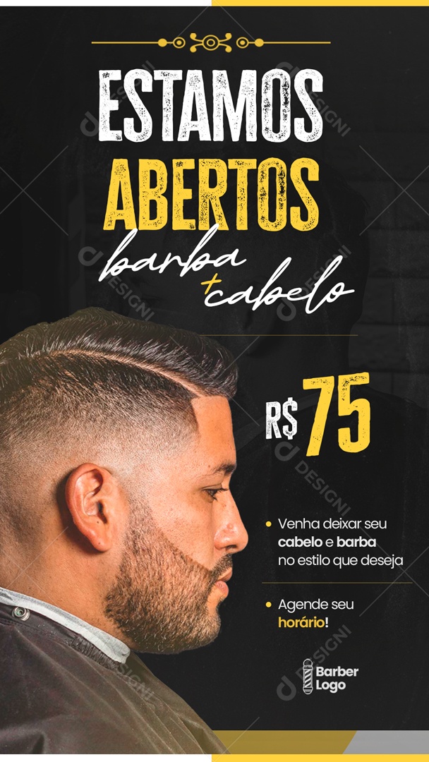 Social Media Story Estamos Abertos Barba Mais Cabelo PSD Editável