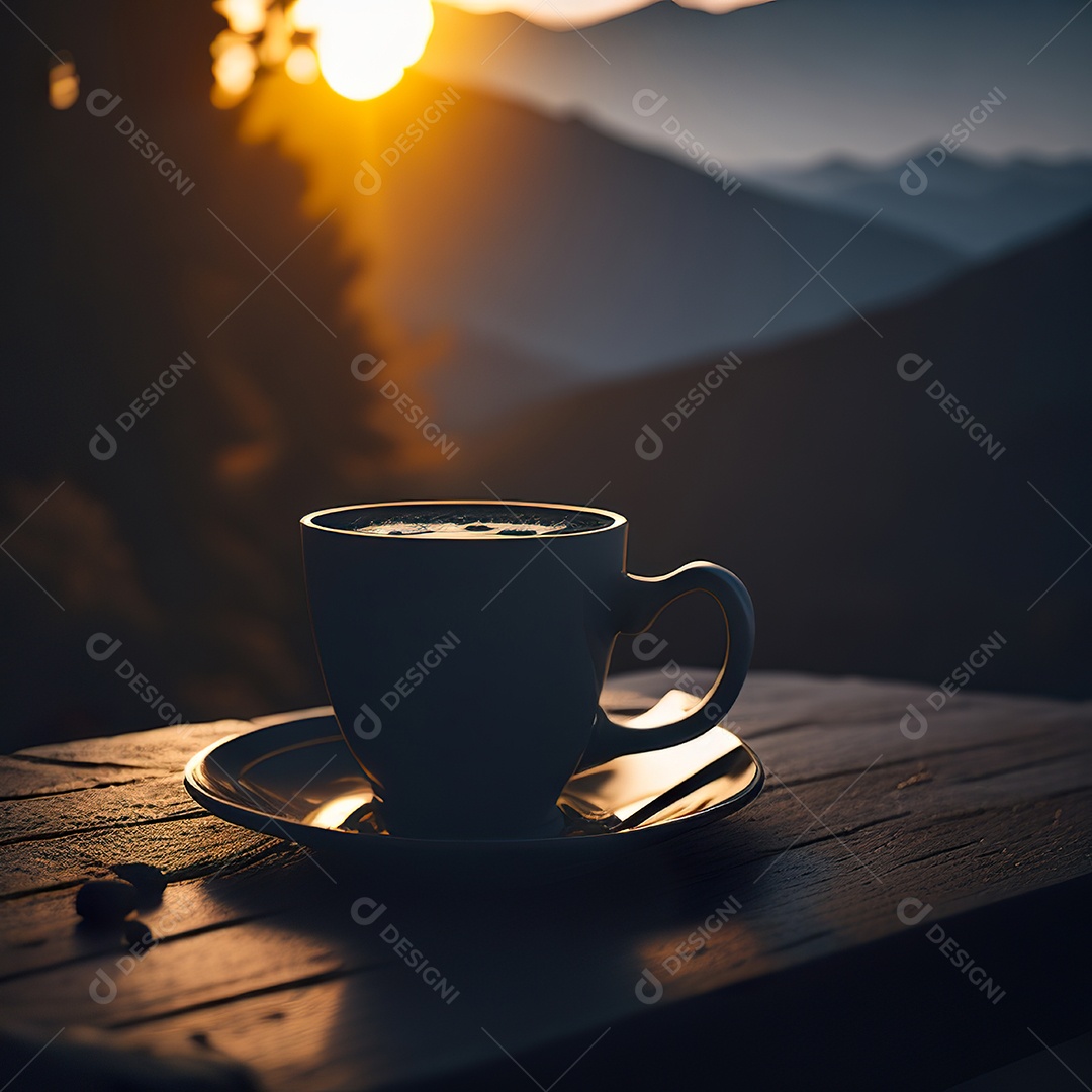 Xícara de café na montanha da mesa