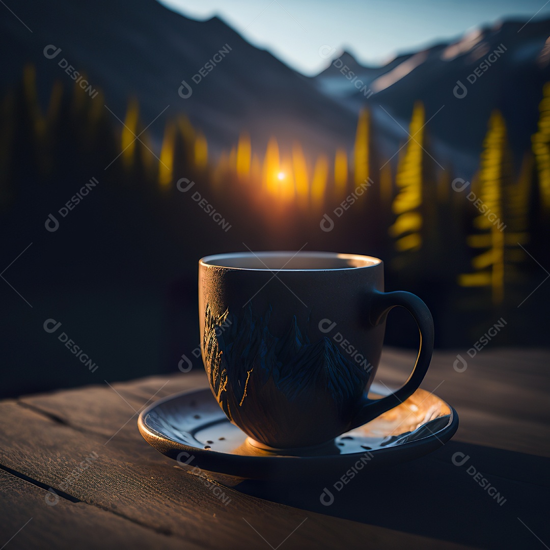 Xícara de café na montanha da mesa