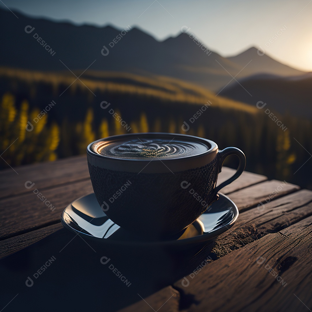 Xícara de café na montanha da mesa