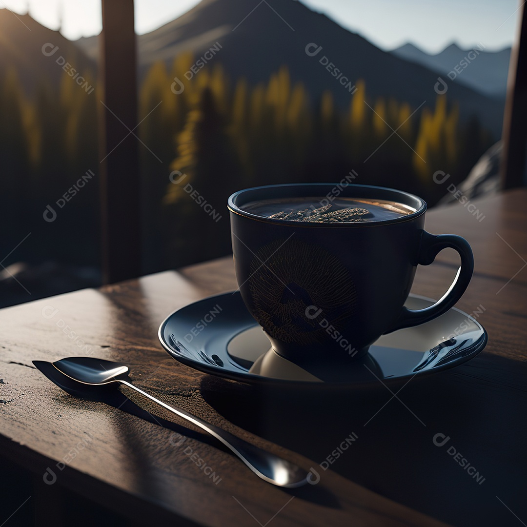 Xícara de café na montanha da mesa