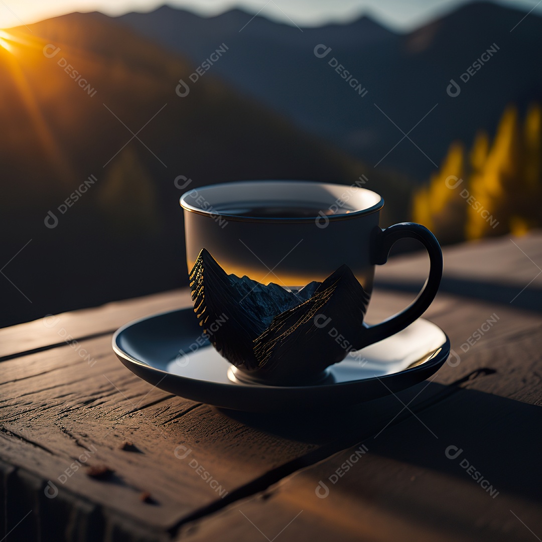 Xícara de café na montanha da mesa