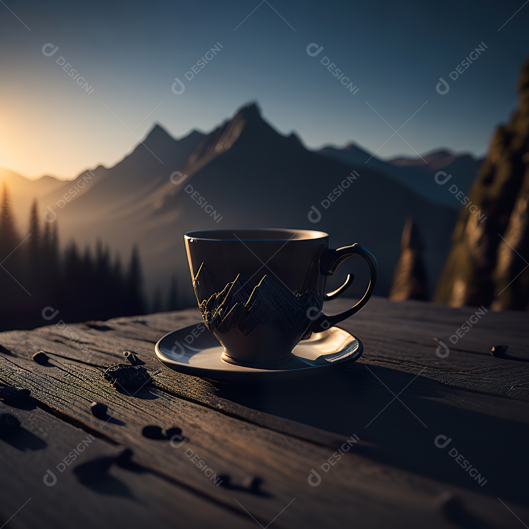 Xícara de café na montanha da mesa