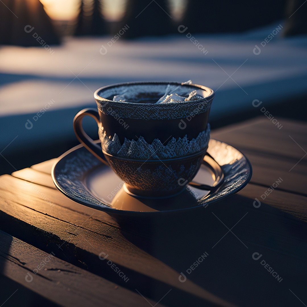 Xícara de café na montanha da mesa