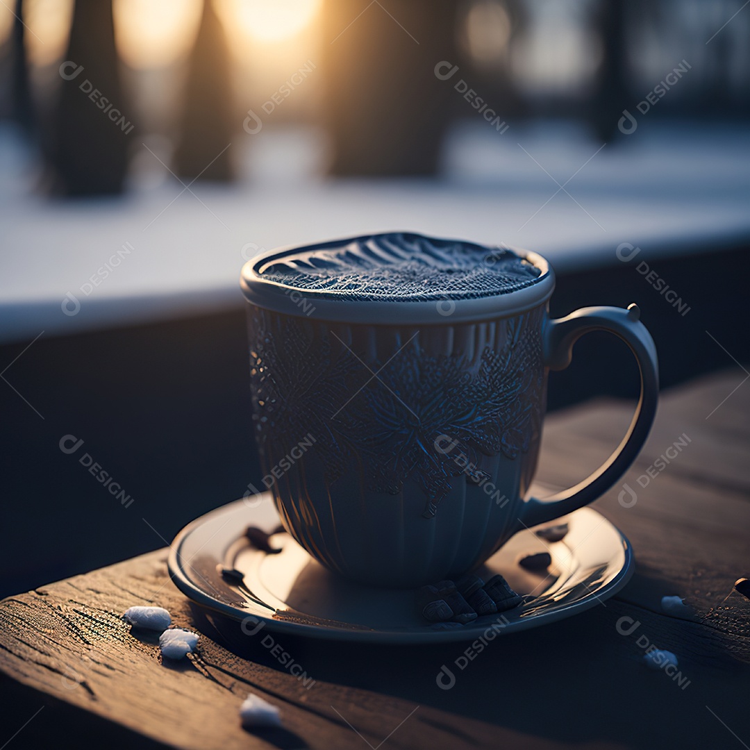Xícara de café na montanha da mesa