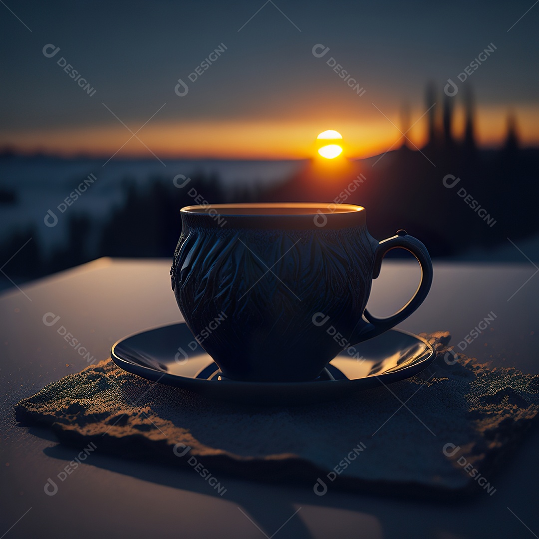 Xícara de café na montanha da mesa