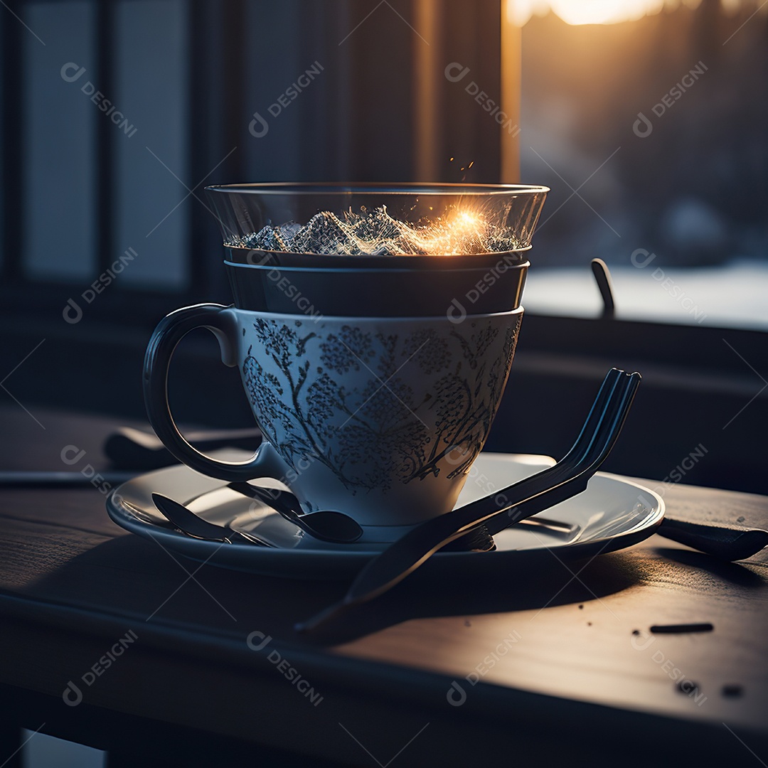 Xícara de café na montanha da mesa