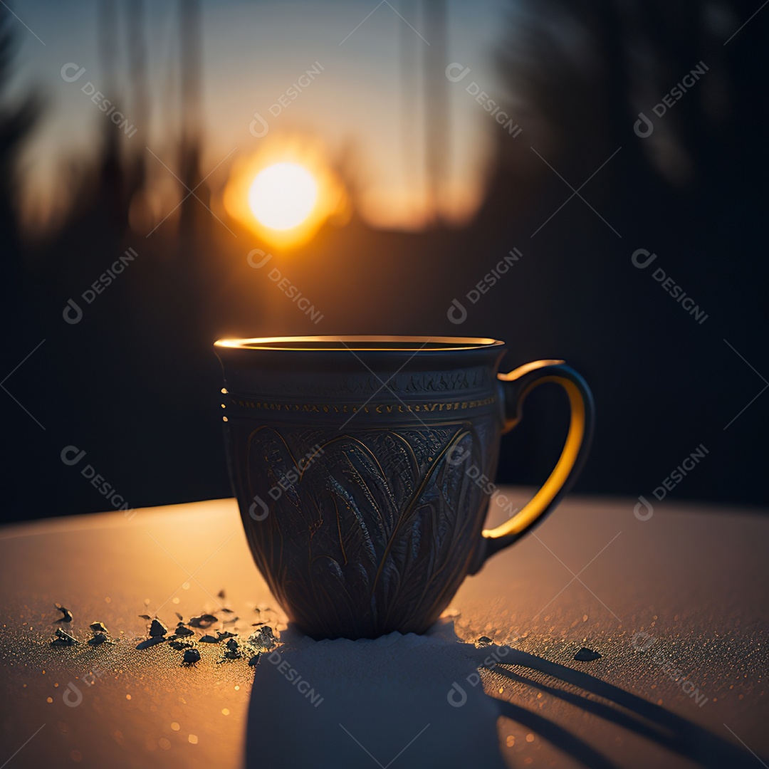Xícara de café na montanha da mesa