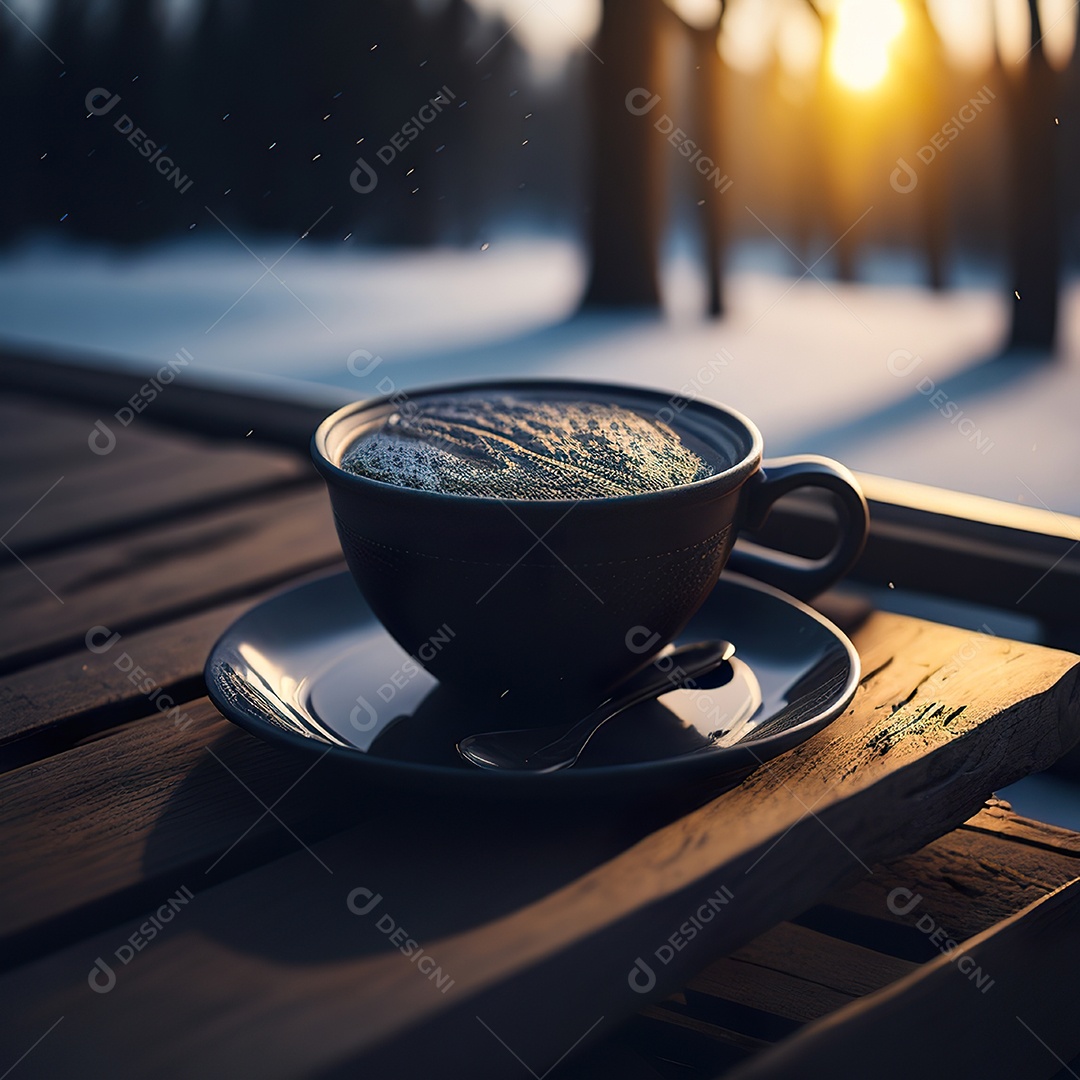 Xícara de café na montanha da mesa