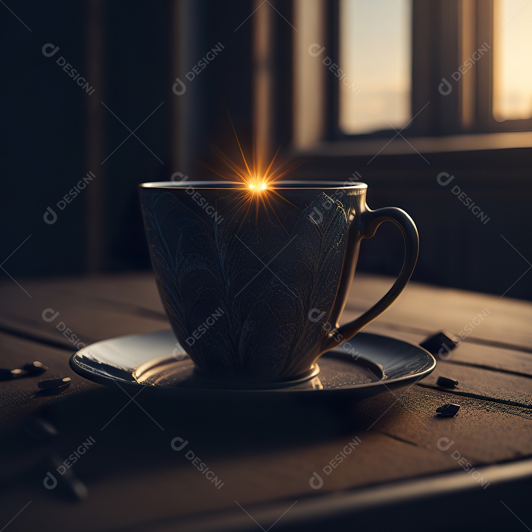 Xícara de café na montanha da mesa