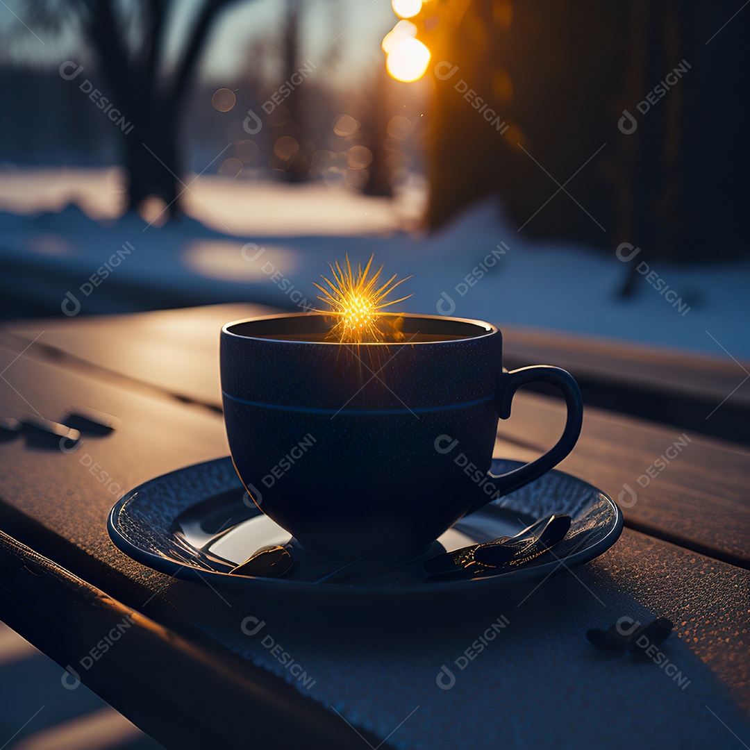 Xícara de café na montanha da mesa