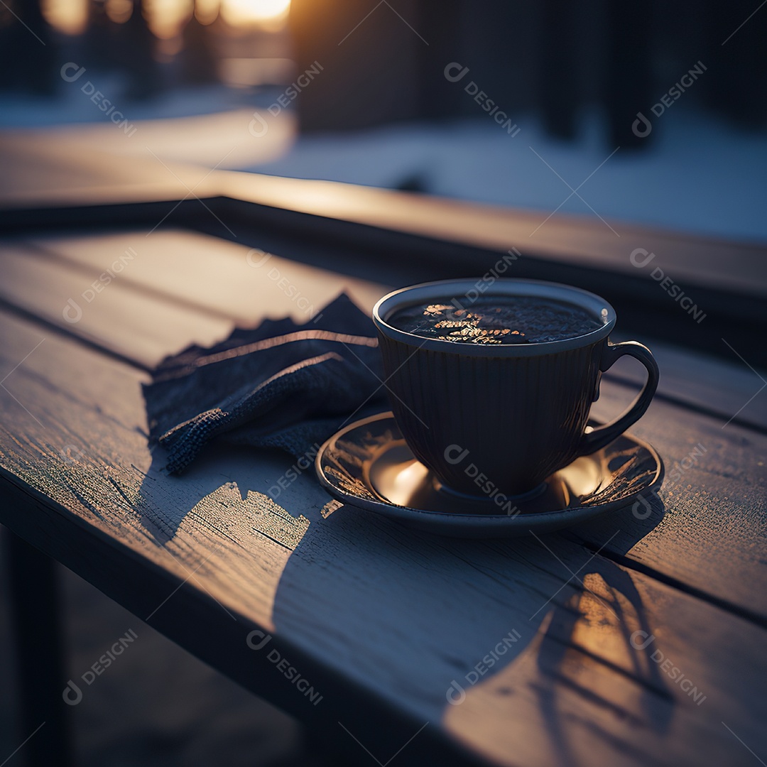 Xícara de café na montanha da mesa