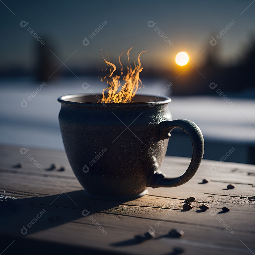 Xícara de café na montanha da mesa