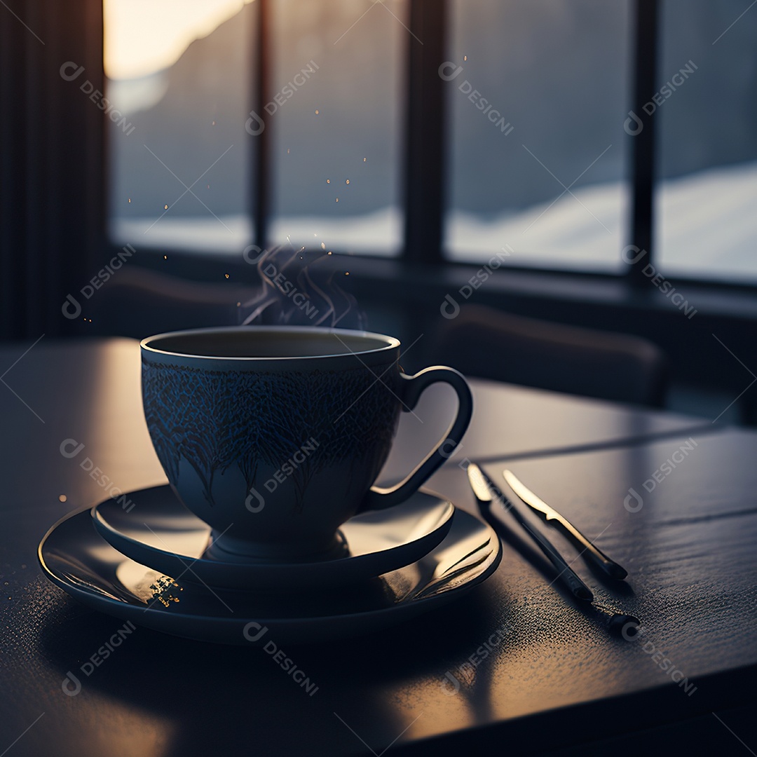 Xícara de café na montanha da mesa