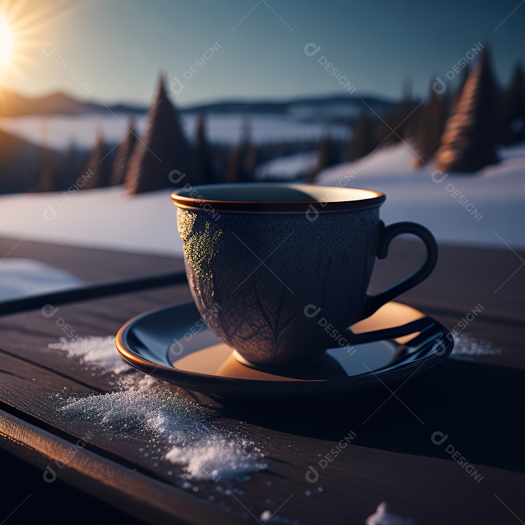 Xícara de café na montanha da mesa