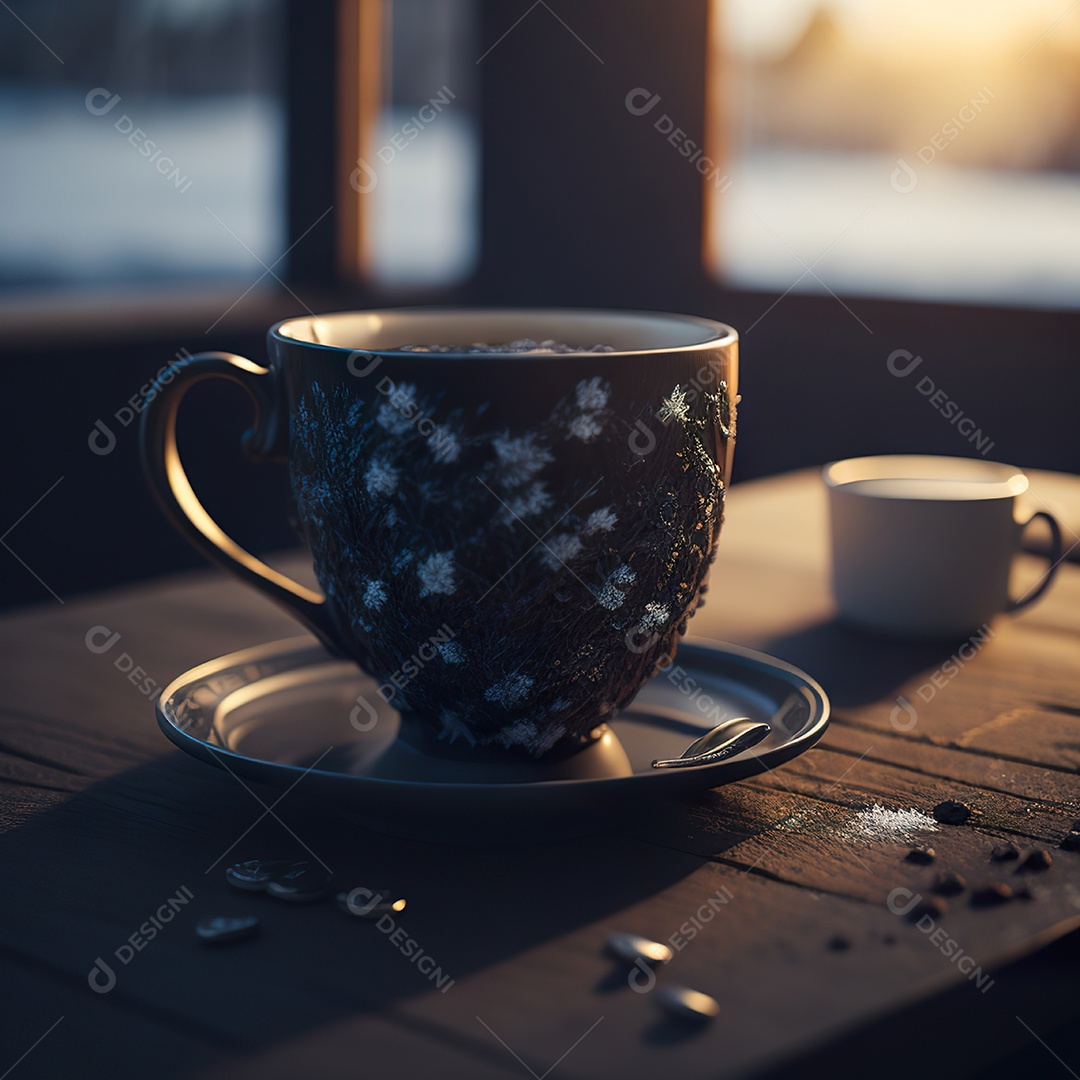Xícara de café na montanha da mesa