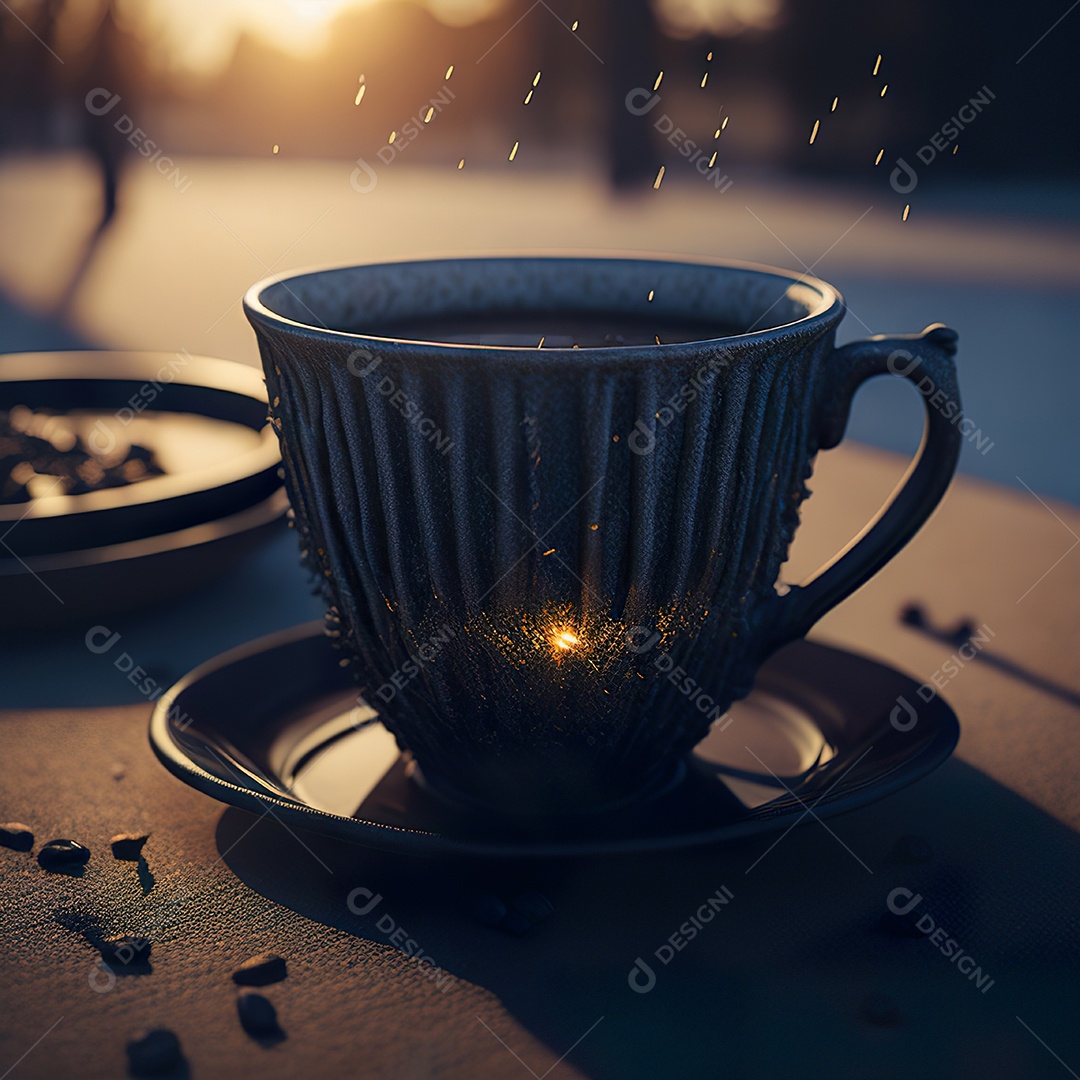 Xícara de café na montanha da mesa