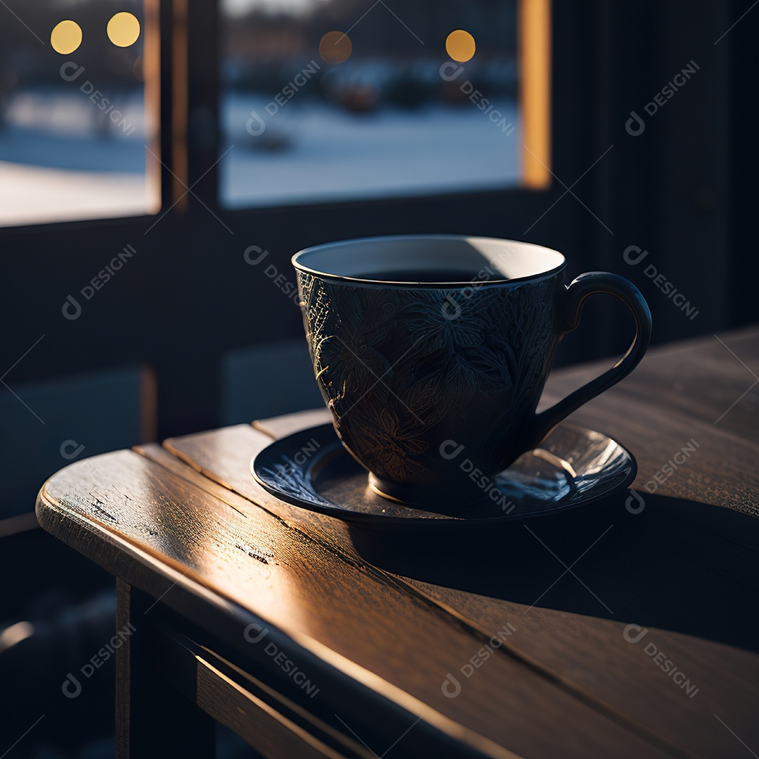 Xícara de café na montanha da mesa