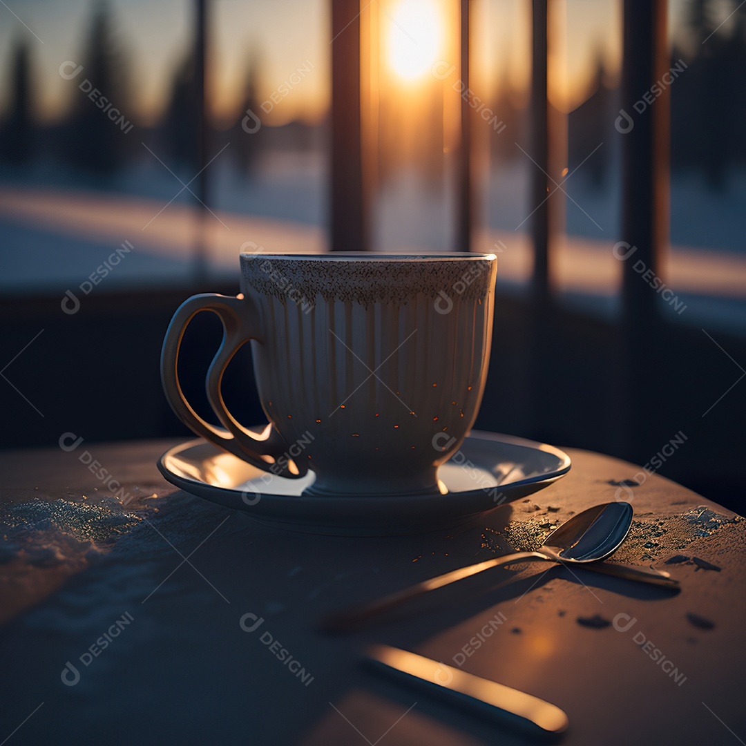 Xícara de café na montanha da mesa