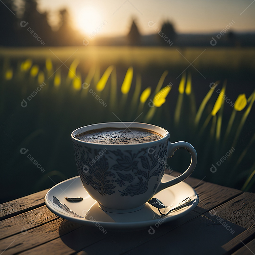 Xícara de café na montanha da mesa