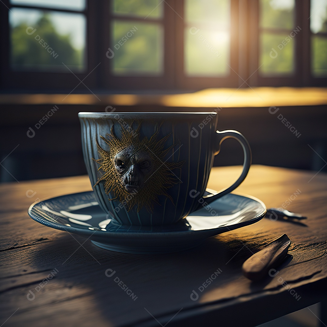 Xícara de café na montanha da mesa