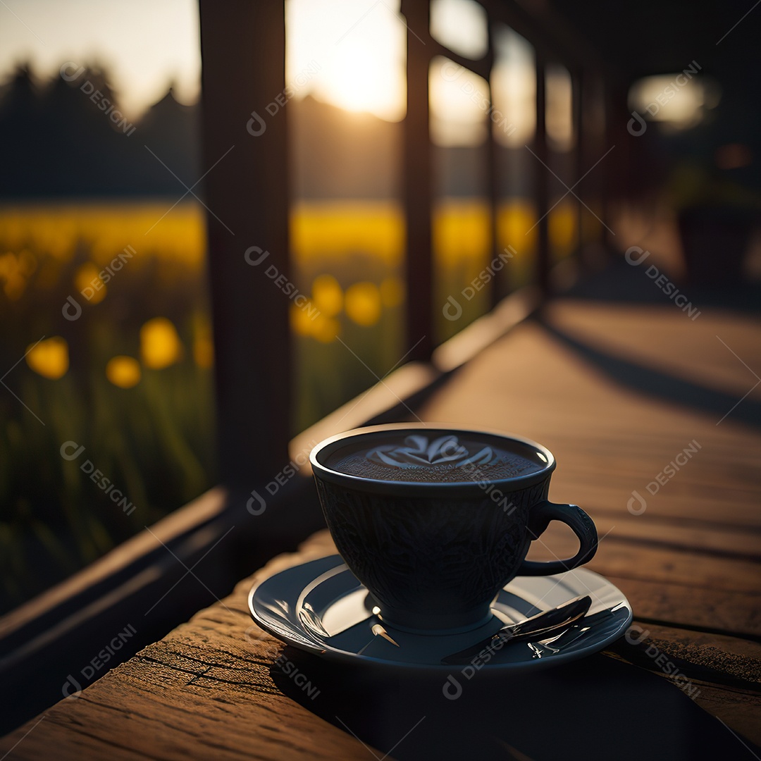 Xícara de café na montanha da mesa