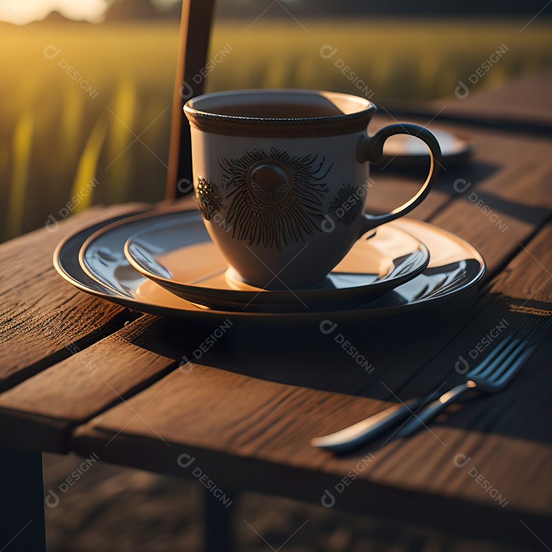 Xícara de café na montanha da mesa