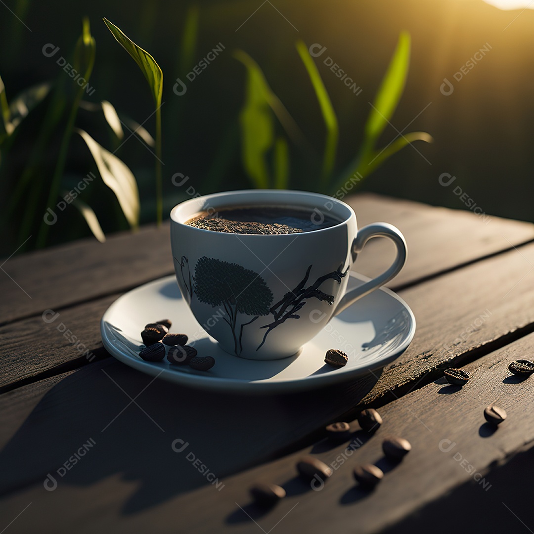 Xícara de café na montanha da mesa