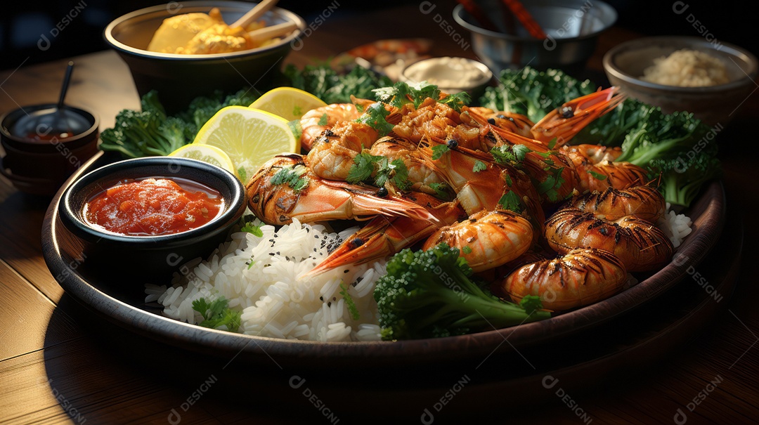 Prato de comida sobre uma mesa de madeira.