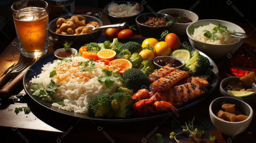 Prato de comida sobre uma mesa de madeira.
