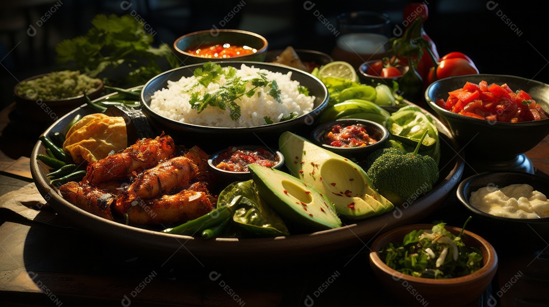 Prato de comida sobre uma mesa de madeira.