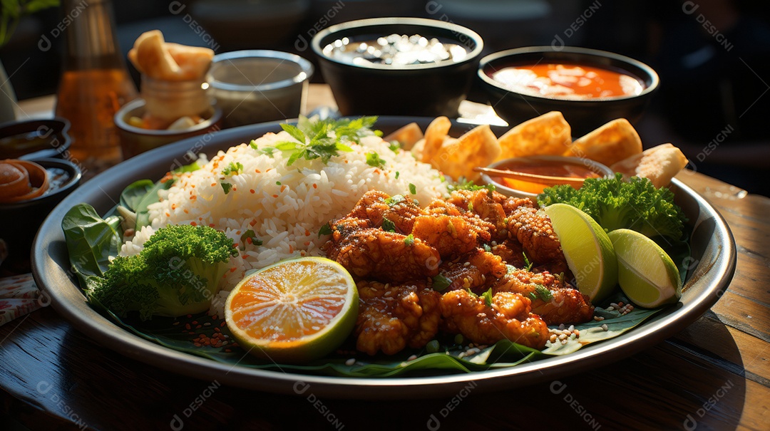 Prato de comida sobre uma mesa de madeira.