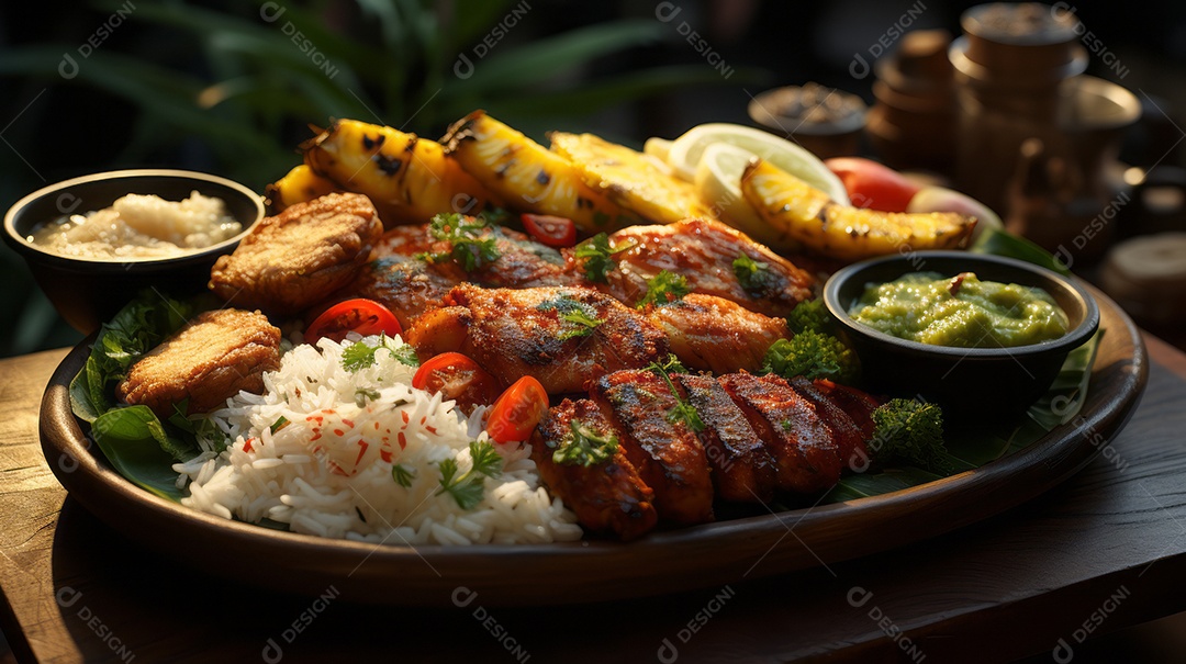 Prato de comida sobre uma mesa de madeira.