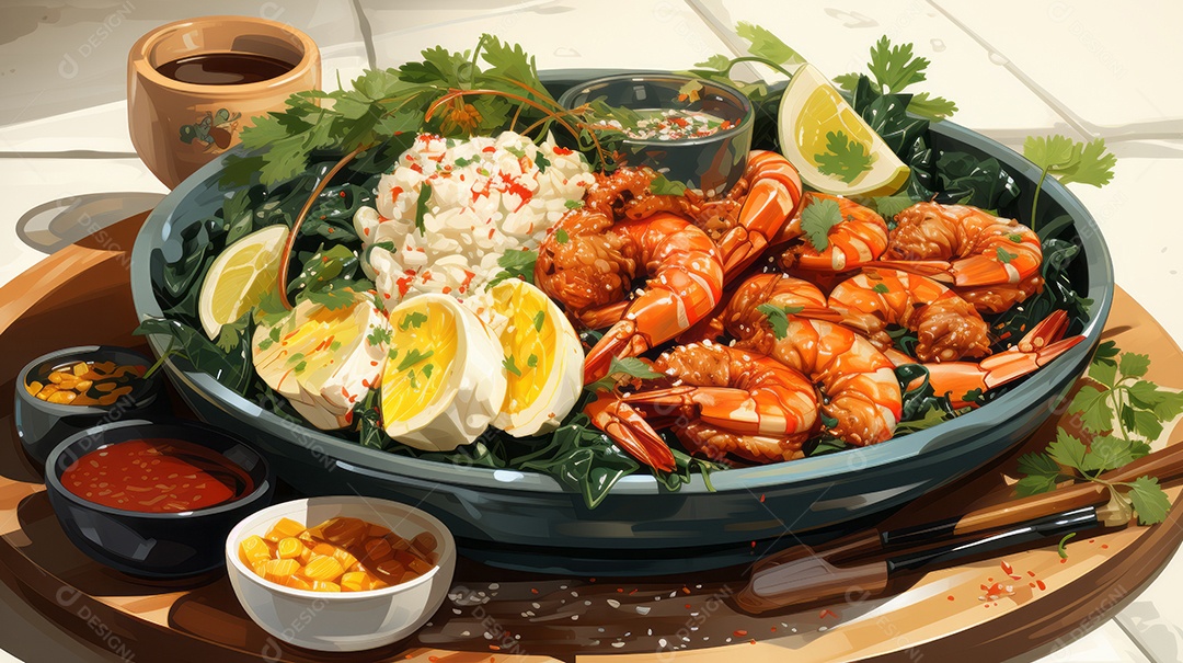 Prato de comida sobre uma mesa de madeira.