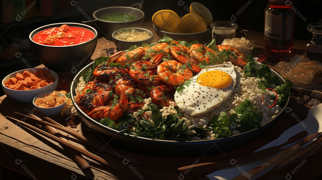 Prato de comida sobre uma mesa de madeira.