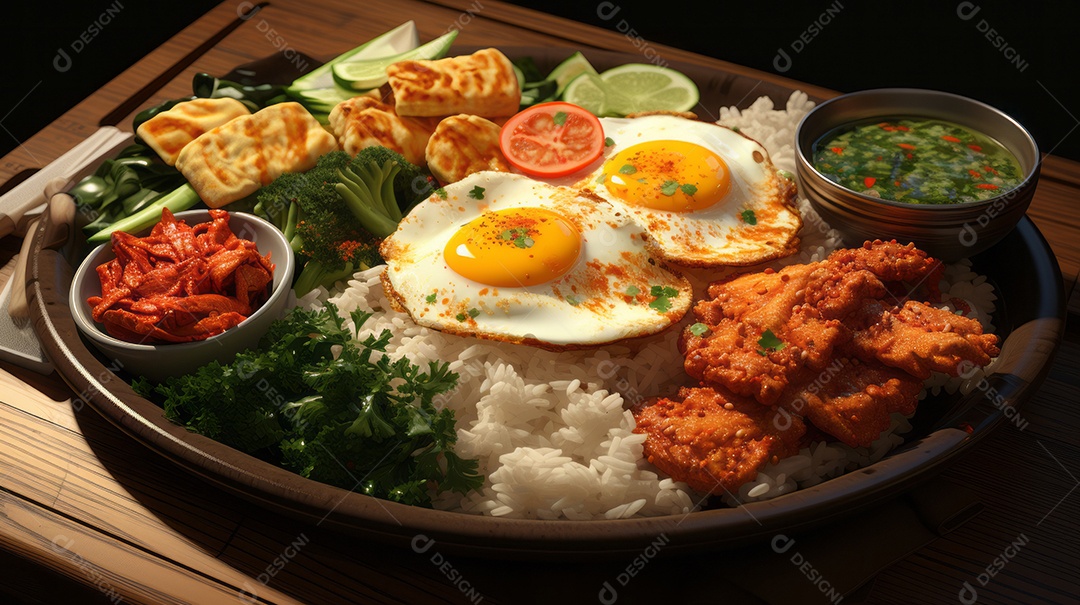 Prato de comida sobre uma mesa de madeira.