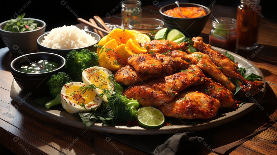 Prato de comida sobre uma mesa de madeira.