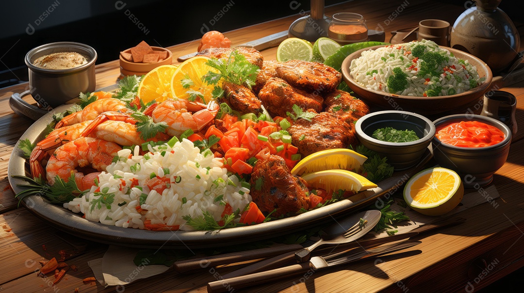 Prato de comida sobre uma mesa de madeira.